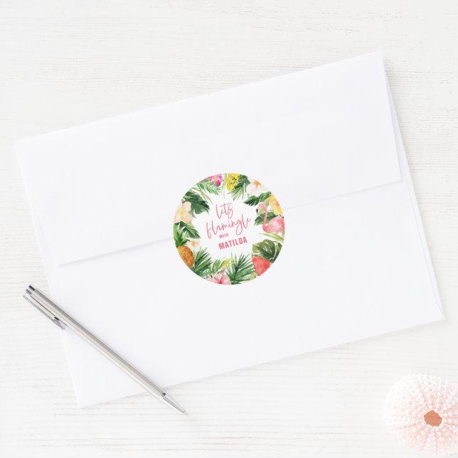 Sticker Rond flamant jaune rose fleuri tropical élégant (Enveloppe)