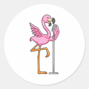 Sticker Rond Flamant rose à Chanter avec microphone