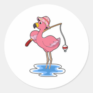 Sticker Rond Flamant rose à la pêche avec canne à pêche