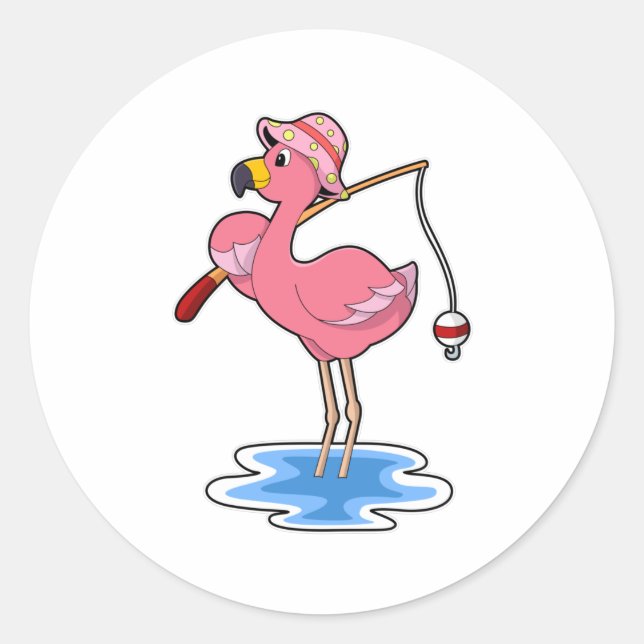 Sticker Rond Flamant rose à la pêche avec canne à pêche (Devant)