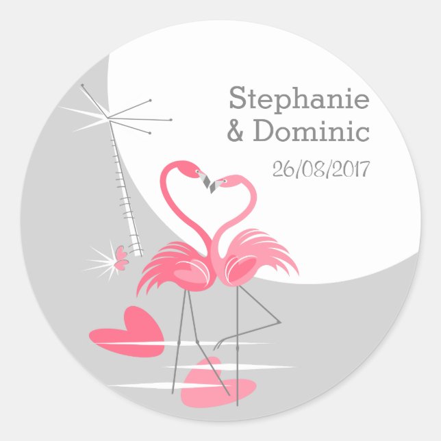 Sticker Rond Flamant rose Amour grand Lune Noms Date ronde (Devant)