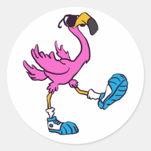 Sticker Rond Flamant rose amusant avec des lunettes de soleil  