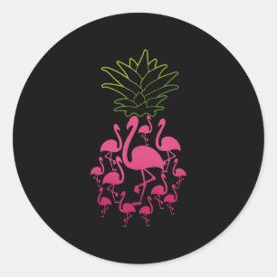 Sticker Rond Flamant rose ananas mignonne Fruit animal tropical