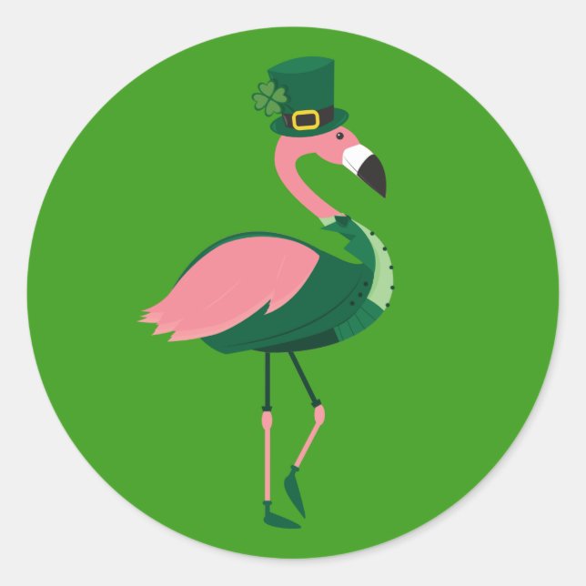 Sticker Rond Flamant rose Animal Green St Patrick’s Day (Devant)
