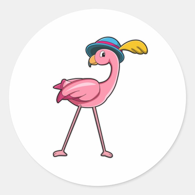 Sticker Rond Flamant rose avec Casquette & Plume (Devant)