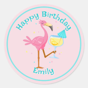 Sticker Rond Flamant rose avec Cocktail