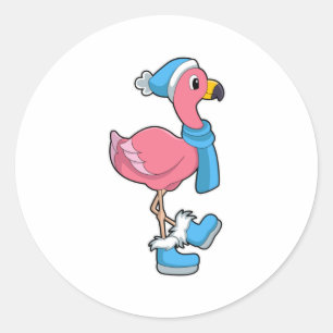 Sticker Rond Flamant rose avec Ecarf & Casquette