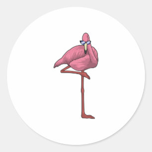 Sticker Rond Flamant rose avec lunettes de soleil