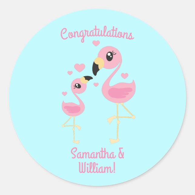 Sticker Rond Flamant rose Baby shower mignon Tropical (Devant)