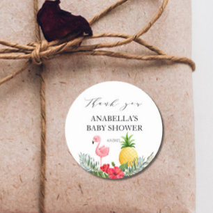 Sticker Rond Flamant rose Baby shower rose tropicale