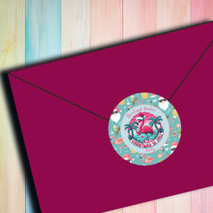 Sticker Rond Flamant rose Bird avec Noël Casquette à la fête de