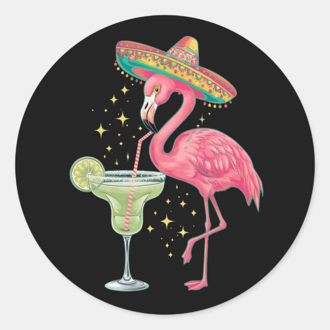 Sticker Rond Flamant rose Boire Margarita Funny Poncho mexicain (Devant)