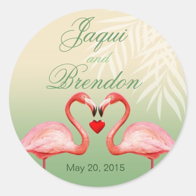 Sticker Rond Flamant rose Coeur Embrasse Mariage Faveur | jade (Devant)