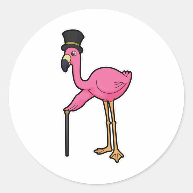 Sticker Rond Flamant rose comme Groom avec Casquette & canne (Devant)