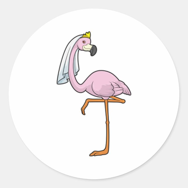 Sticker Rond Flamant rose comme Mariée au Mariage avec Voile (Devant)