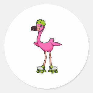 Sticker Rond Flamant rose comme Patineur avec Roller Patins & C