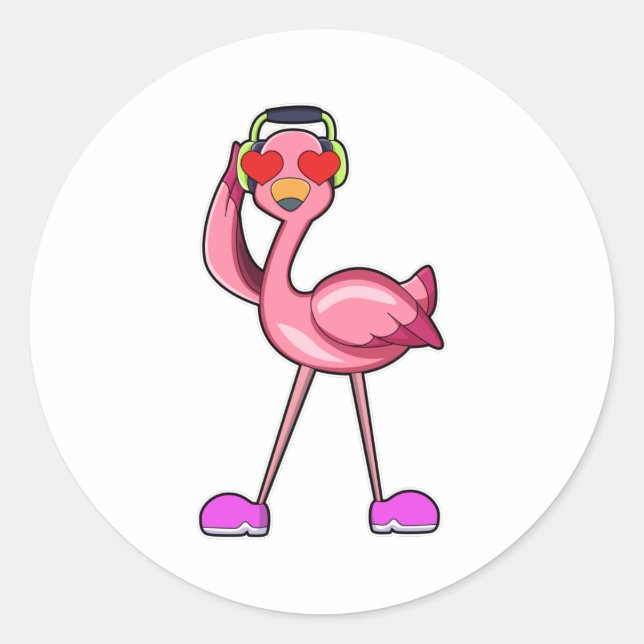 Sticker Rond Flamant rose comme pensionné avec bâton de marche  (Devant)