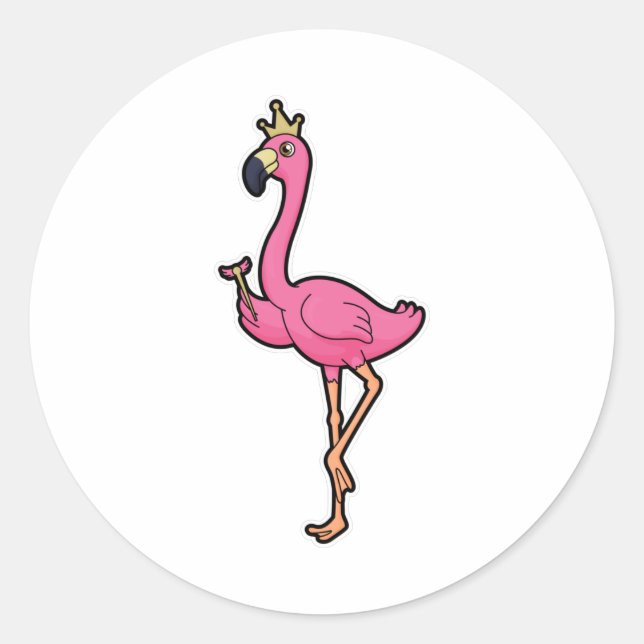 Sticker Rond Flamant rose comme roi avec la Couronne et le pers (Devant)