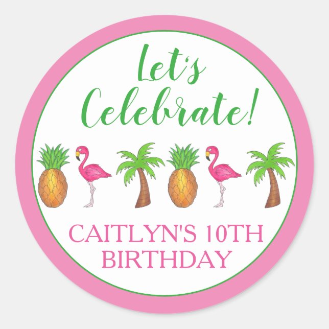 Sticker Rond Flamant rose d'anniversaire Palm Tree Pineapple (Devant)