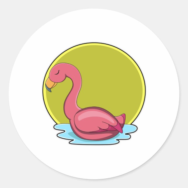 Sticker Rond Flamant rose dans l'eau avec soleil (Devant)