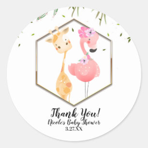 Sticker Rond Flamant rose d'aquarelle tropicale et Baby shower 