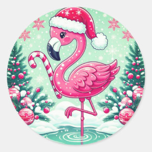 Sticker Rond Flamant rose de Noël Clipart-10424