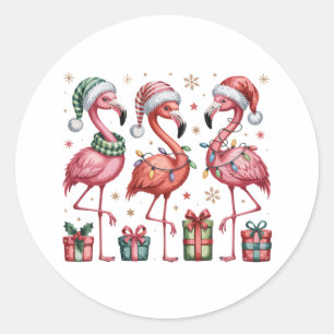 Sticker Rond Flamant rose de Noël festif Vacances Lumineux Noël