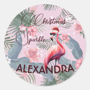 Sticker Rond Flamant rose de Noël Tropical Personnel