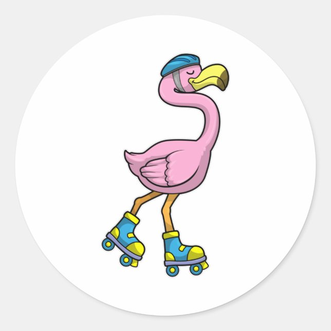 Sticker Rond Flamant rose de patinage avec patins et casque (Devant)