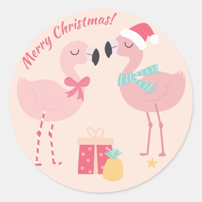 Sticker Rond Flamant rose de Père Noël tropical - Noël (Devant)