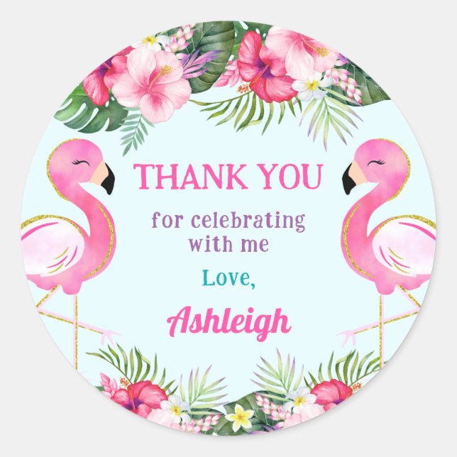 Sticker Rond Flamant rose d'été Anniversaire Merci de fête (Devant)
