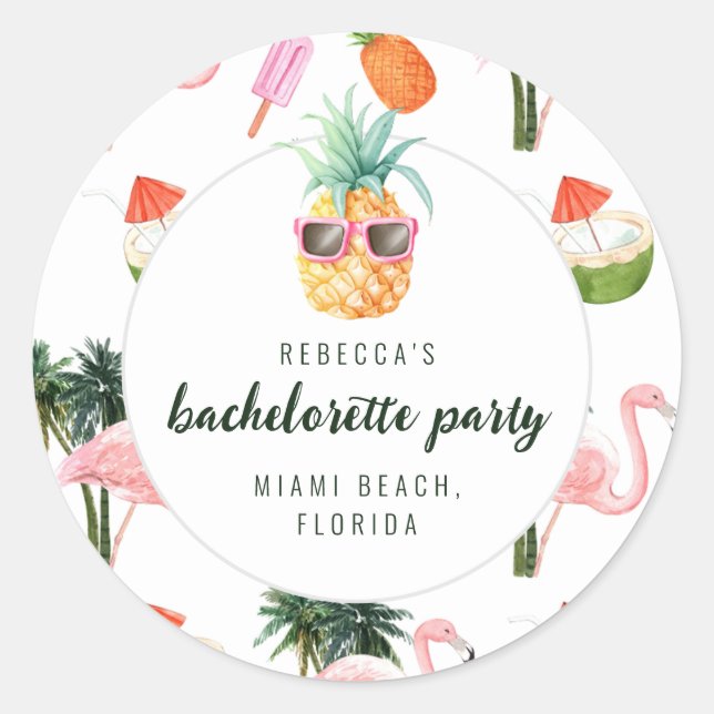 Sticker Rond Flamant rose d'été Pool Party Bachelorette (Devant)