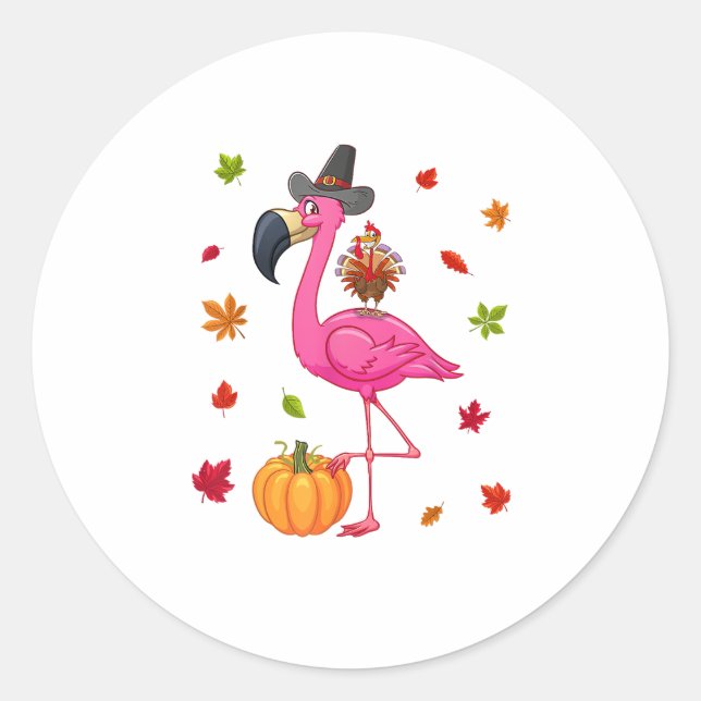 Sticker Rond Flamant rose drôle Turquie Thanksgiving Citrouille (Devant)