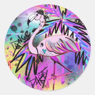 Sticker Rond Flamant rose embelli