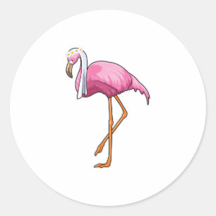Sticker Rond Flamant rose en mariée avec voile