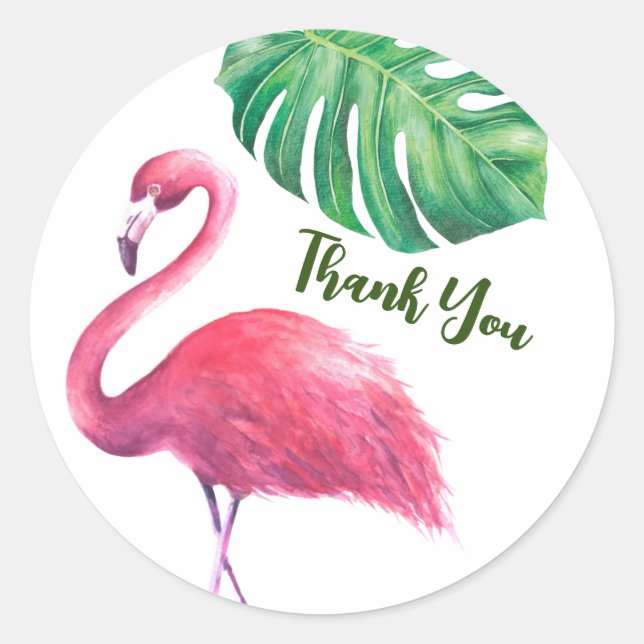 Sticker Rond Flamant rose et Merci Feuille tropical (Devant)