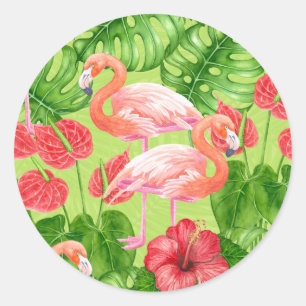 Sticker Rond Flamant rose et plantes tropicaux