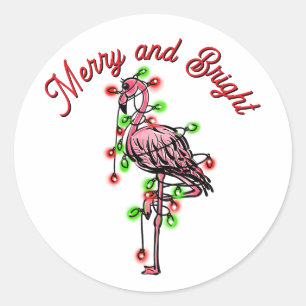 Sticker Rond Flamant rose festif de fêtes rouge vert lumières d