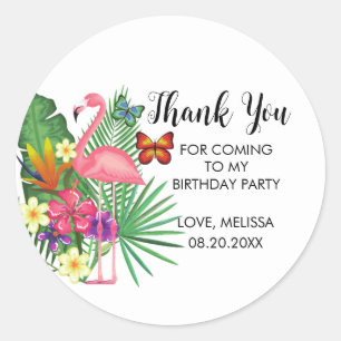 Sticker Rond Flamant rose floral tropical Papillons Merci