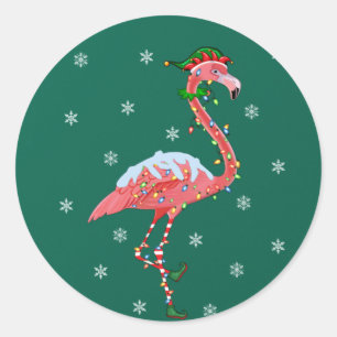 Sticker Rond Flamant rose Lover Xmas Cadeau Santa Hat Elf Flama