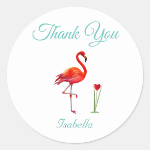 Sticker Rond Flamant Rose Mignon & Cœur Merci
