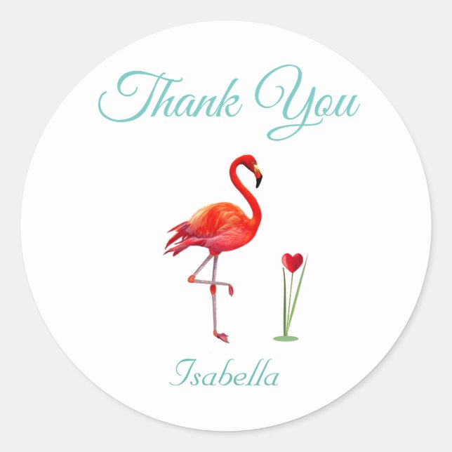 Sticker Rond Flamant rose mignon et Merci de coeur (Devant)