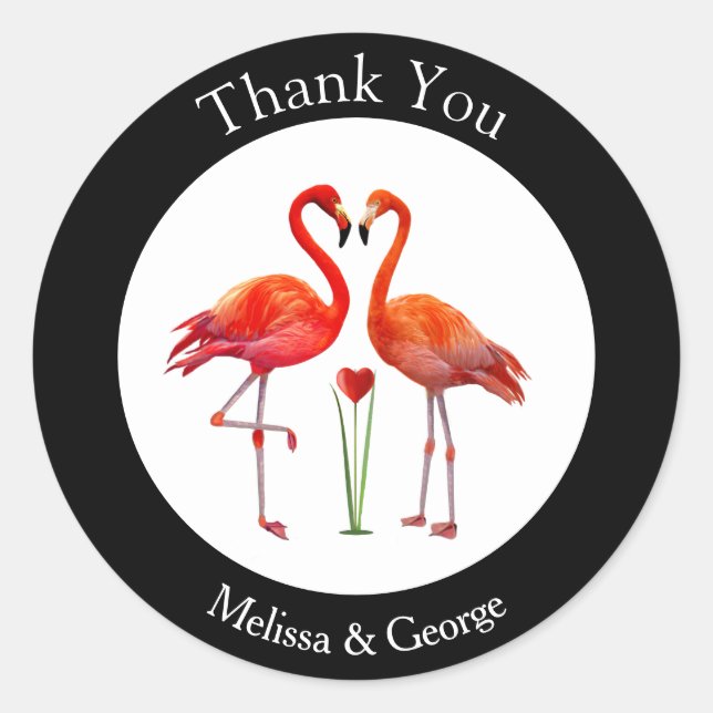 Sticker Rond Flamant rose mignon Merci Couple sur noir & blanc (Devant)