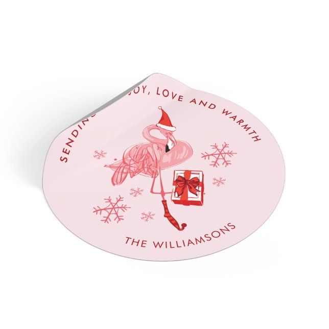 Sticker Rond Flamant Rose Noël Côtier Aquarelle (Pink Flamingo Coastal Christmas Watercolor Classic Round Sticker)