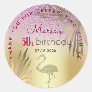 Sticker Rond Flamant Rose Or 5ème Anniversaire