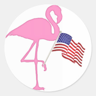 Sticker Rond Flamant rose patriotique américain avec drapeau