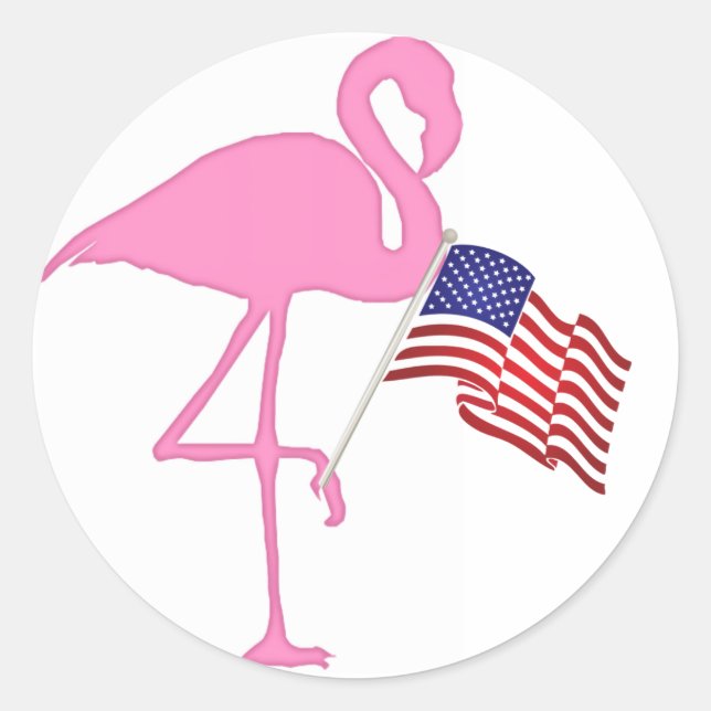Sticker Rond Flamant rose patriotique américain avec drapeau (Devant)
