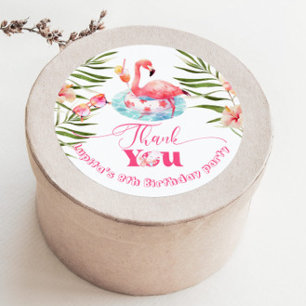 Sticker Rond Flamant rose Pool fête d'anniversaire rose merci
