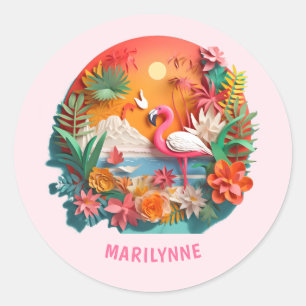 Sticker Rond Flamant rose Rose 3D Mignons Retour À L'École