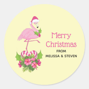 Sticker Rond Flamant rose rose à Santa Hat Noël Whimsical